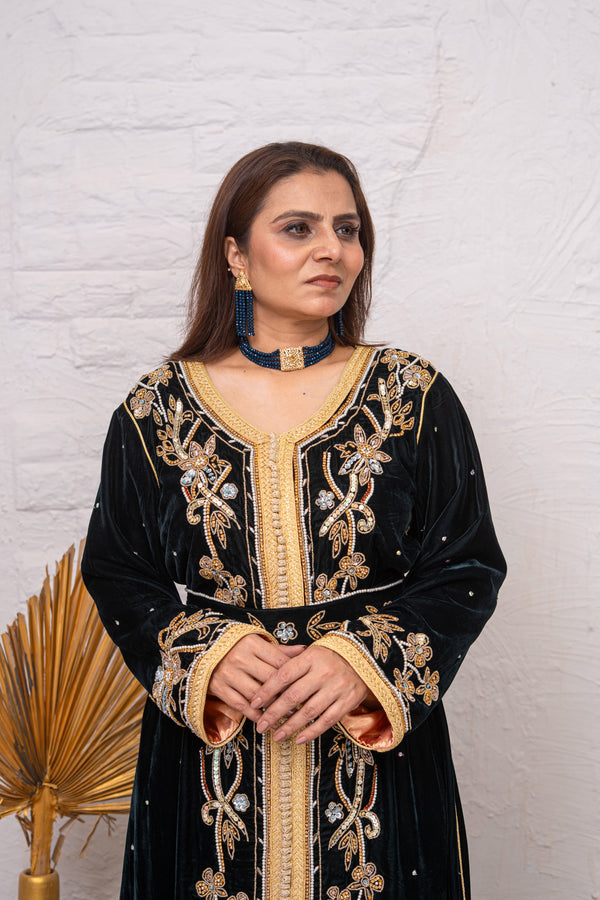 Luxury Black Velvet Caftan with Crystal Stones, Sequins & Premium Bead Embroidery