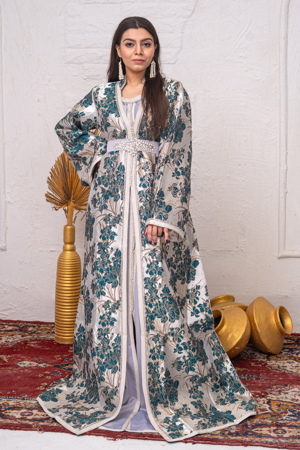 Luxury Green & Silver Brocade Takchita with Premium Stitch Detailing