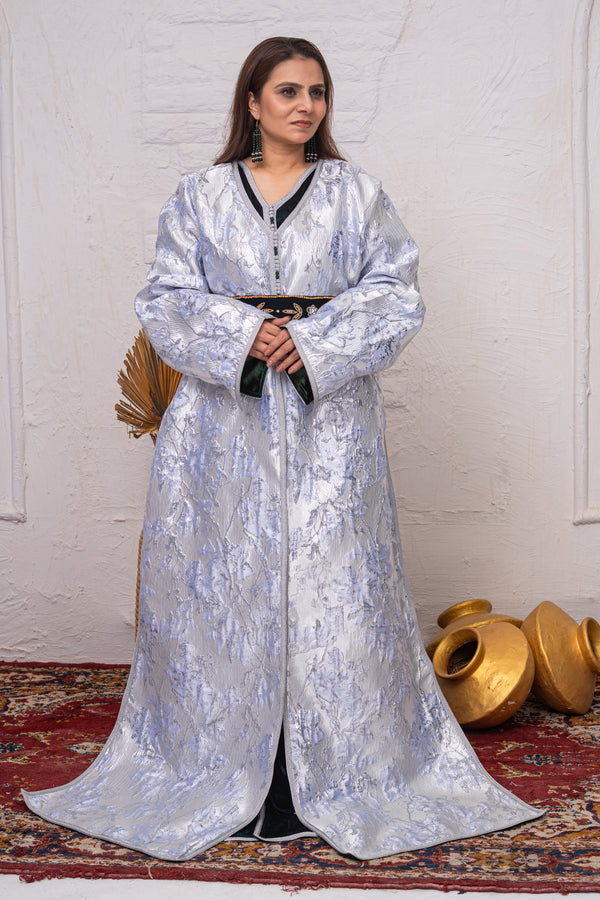 Luxury Silver & Green Brocade Takchita with Premium Stitch Detailing