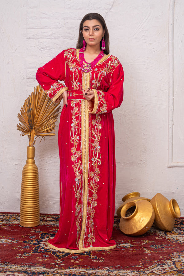Luxury Ruby Fuchsia Velvet Caftan with Crystal Stones, Sequins & Premium Bead Embroidery
