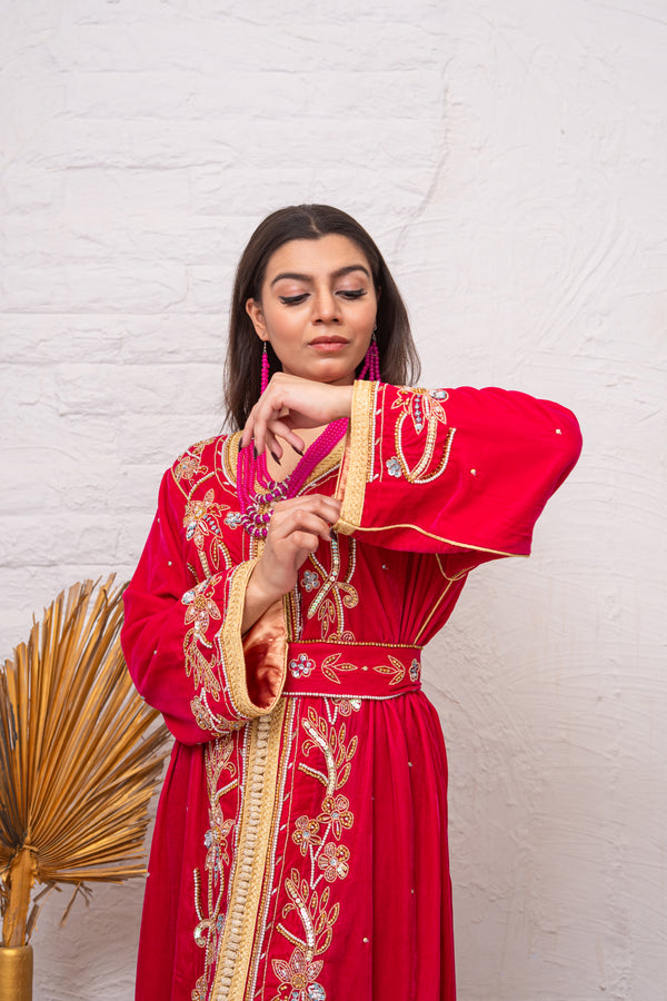 Luxury Ruby Fuchsia Velvet Caftan with Crystal Stones, Sequins & Premium Bead Embroidery
