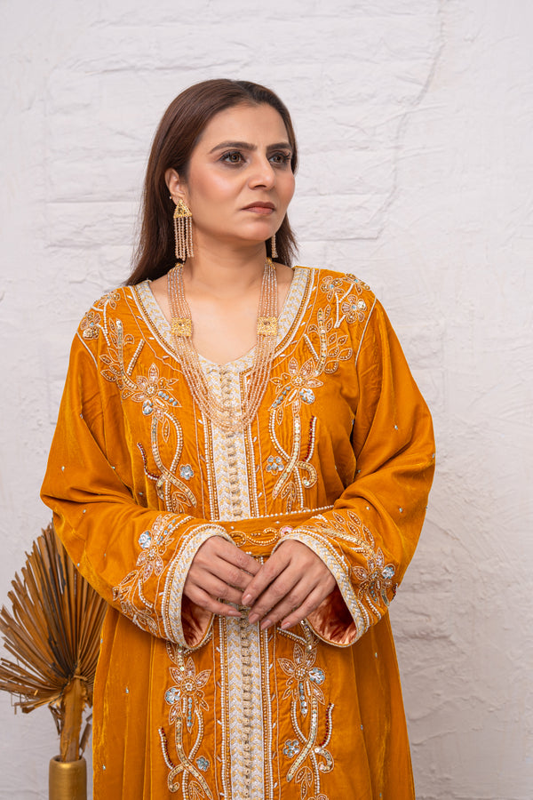 Luxury Yellow Velvet Caftan with Crystal Stones, Sequins & Premium Bead Embroidery