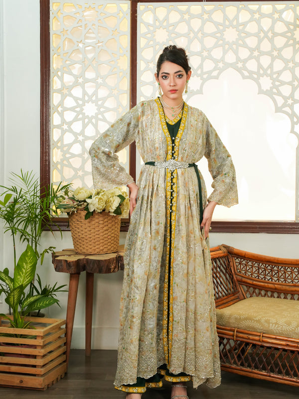 Sage Green Embroidered Organza Long Jacket Dress with Cut Dana