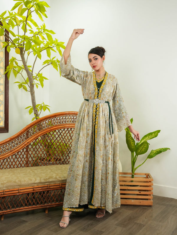 Sage Green Embroidered Organza Long Jacket Dress with Cut Dana