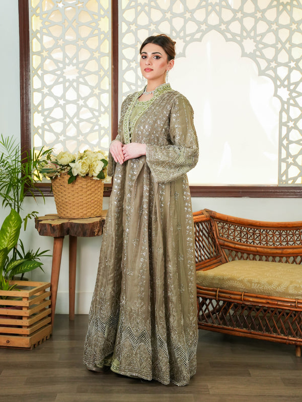 Olive Organza Silk 2-Piece Long Dress with Cutwork Embroidery