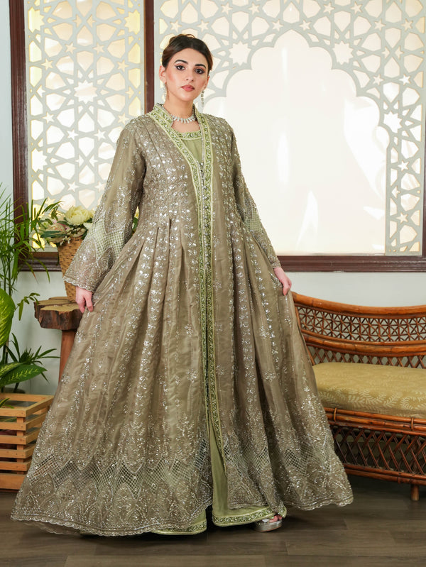 Olive Organza Silk 2-Piece Long Dress with Cutwork Embroidery