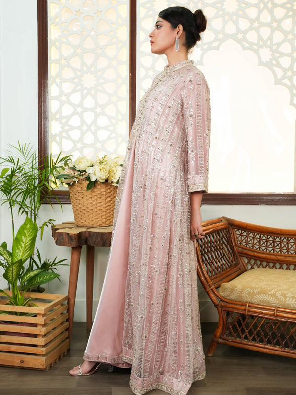 Blush Pink Embellished Organza Maxi Jacket Dress