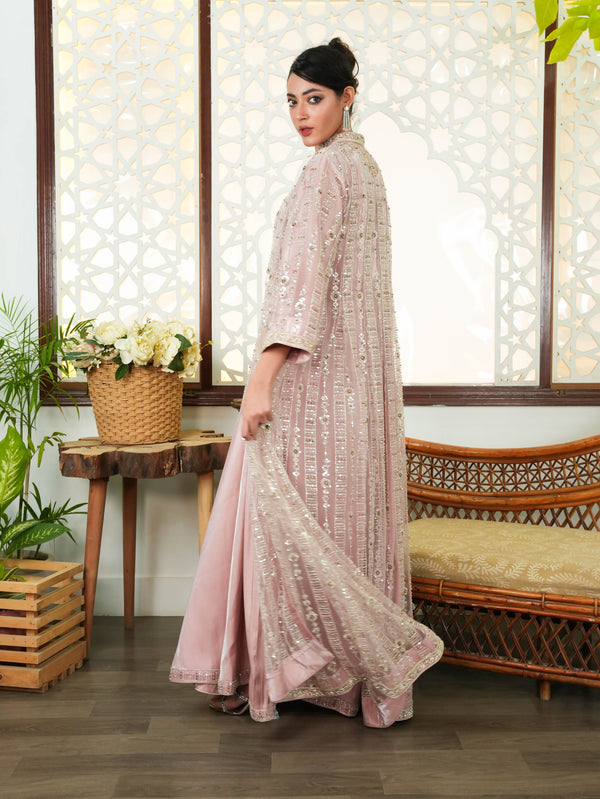 Blush Pink Embellished Organza Maxi Jacket Dress