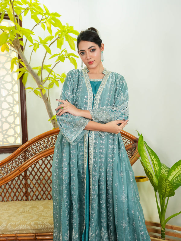 Seafoam Sage Machine & Crystal Work 2-Piece Long Dress Set