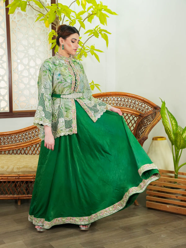 Emerald Green Sheer Jacket & Flared Skirt Ensemble