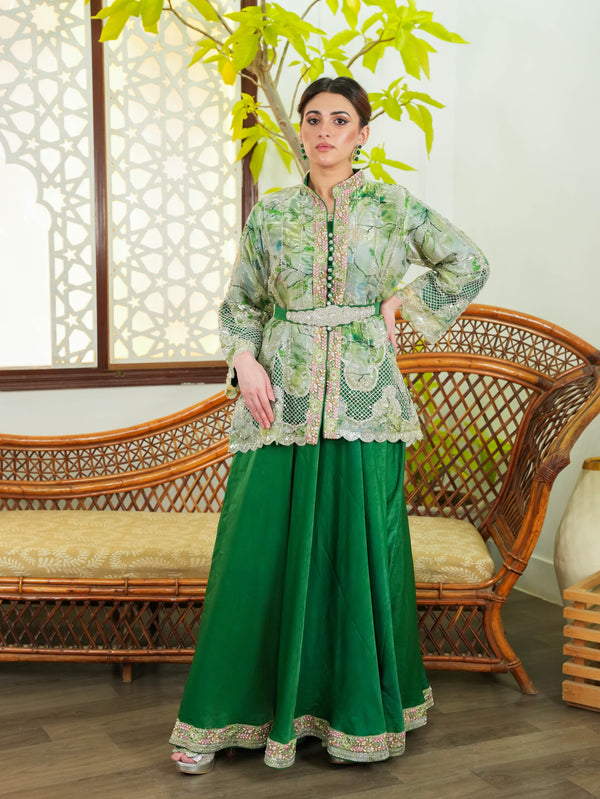 Emerald Green Sheer Jacket & Flared Skirt Ensemble