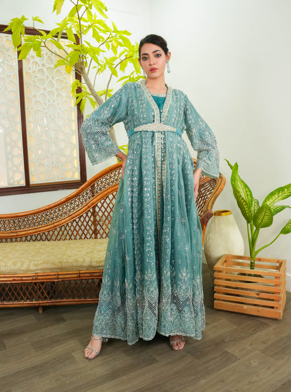 Seafoam Sage Machine & Crystal Work 2-Piece Long Dress Set