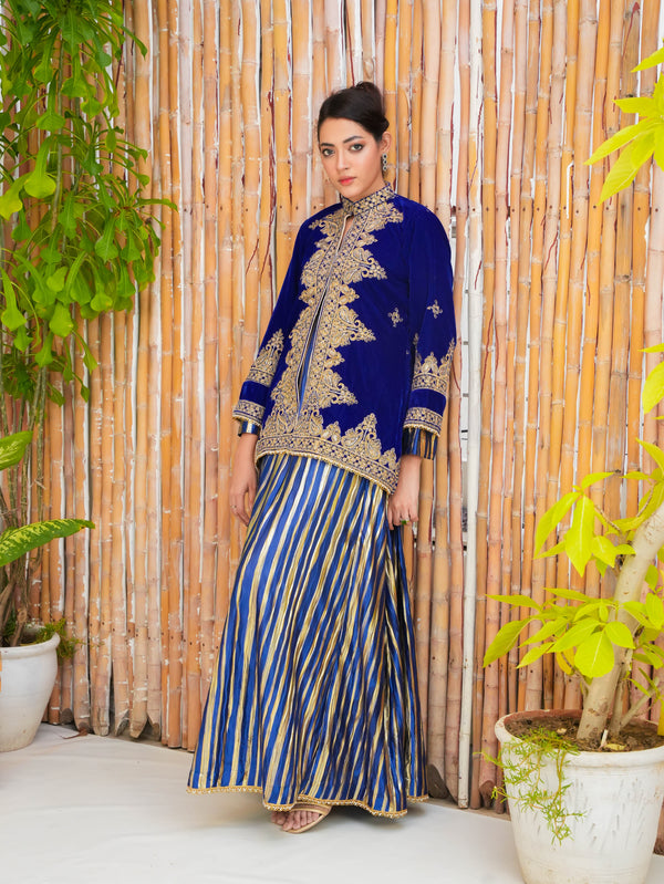 Cobalt Velvet High-Neck Tunics with Striped Festive Skirt