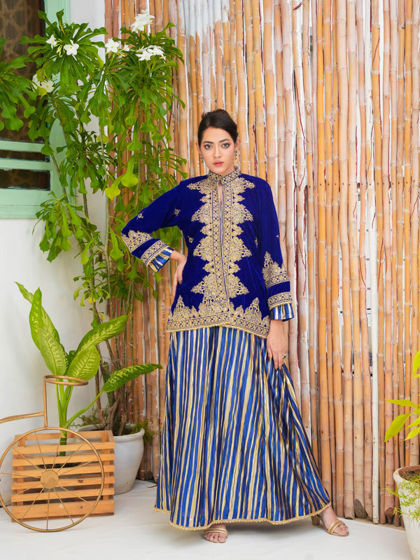 Cobalt Velvet High-Neck Tunics with Striped Festive Skirt