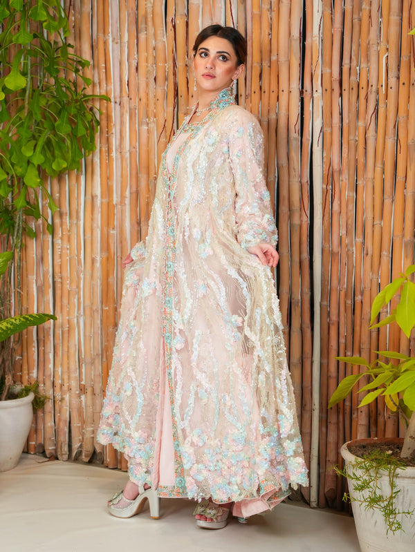 Powder Pink Sheer Long Jacket with 3D Floral Appliqués