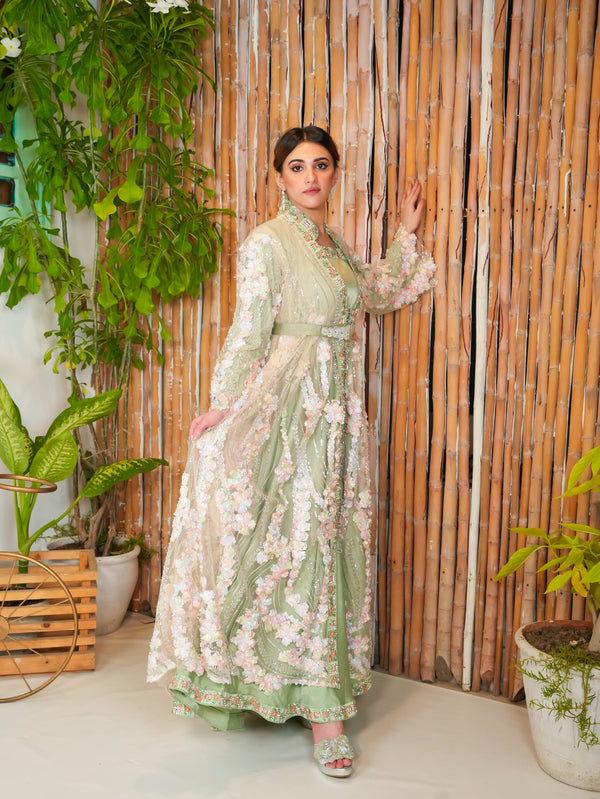 Mint Sage 3D Floral Embroidered Long Jacket Gown