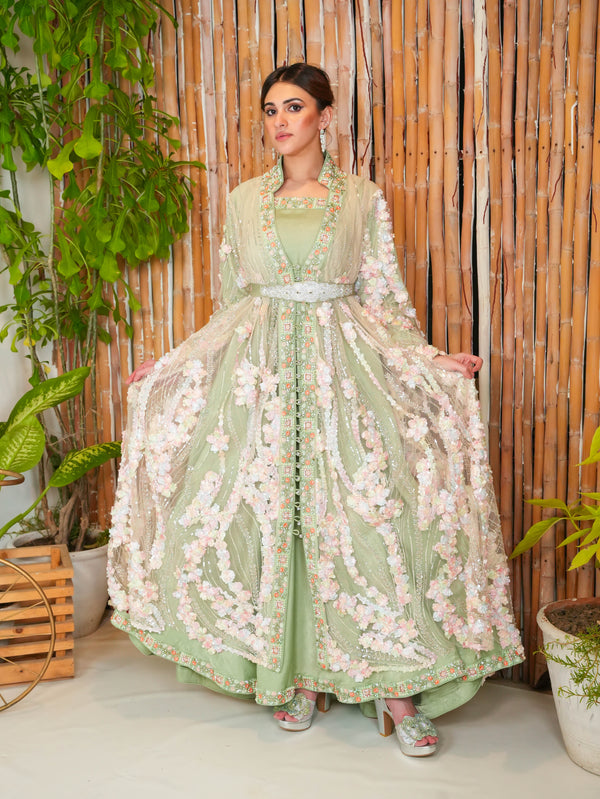 Mint Sage 3D Floral Embroidered Long Jacket Gown