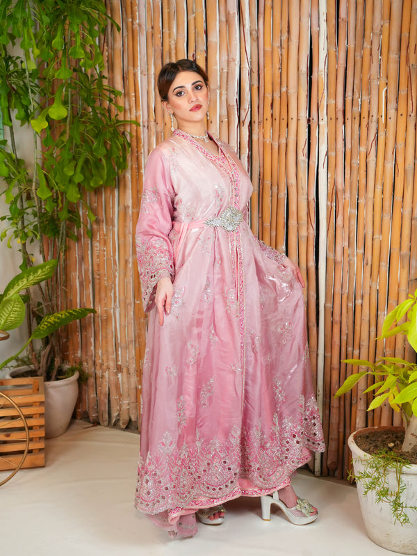 Blush Pink Organza Kaftan Gown with Embroidered Belt
