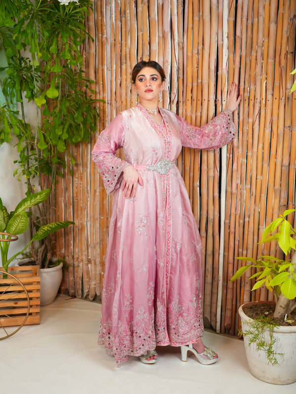 Blush Pink Organza Kaftan Gown with Embroidered Belt
